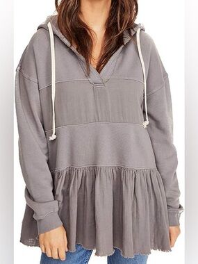 Free People Gray Hooded Pullover Tunic with Drawstring